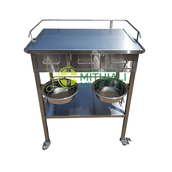 COCHE DE CURACION DE ACERO INOXIDABLE DE 3 CAJONES